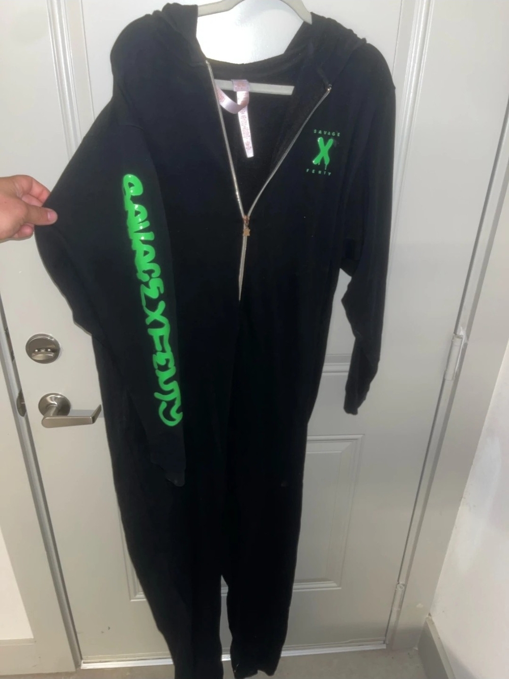 Savage X Fenty Black One-Piece "Footie" with Neon Green Script Unisex